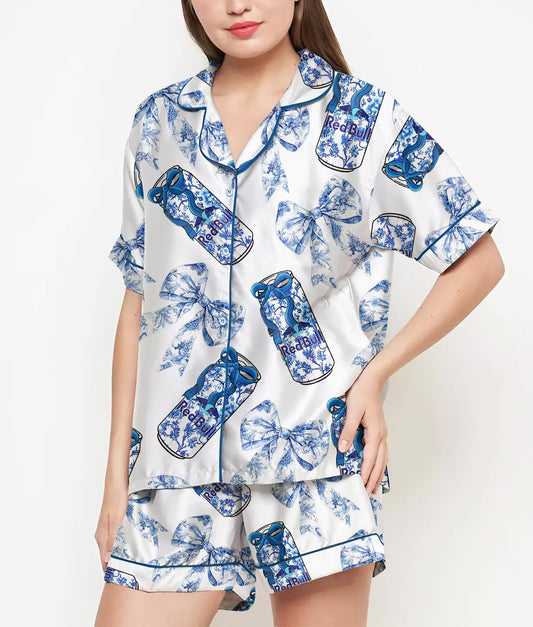 Coquette Bull Pajamas Satin Set, Energy Drink, Blue Floral Bow Shirt,Mother Gift, Birthday Gift,Pjs For Women, Bridesmaid Gifts,Bachelorette