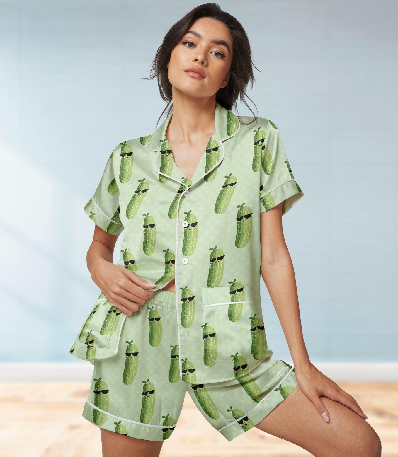 Cucumber Satin Pajamas Set, Green Vegetable Women Pajamas, Bridesmaids Matching PJs, Gardeners And Foodies Pjs Set, Bridal Shower Gifts