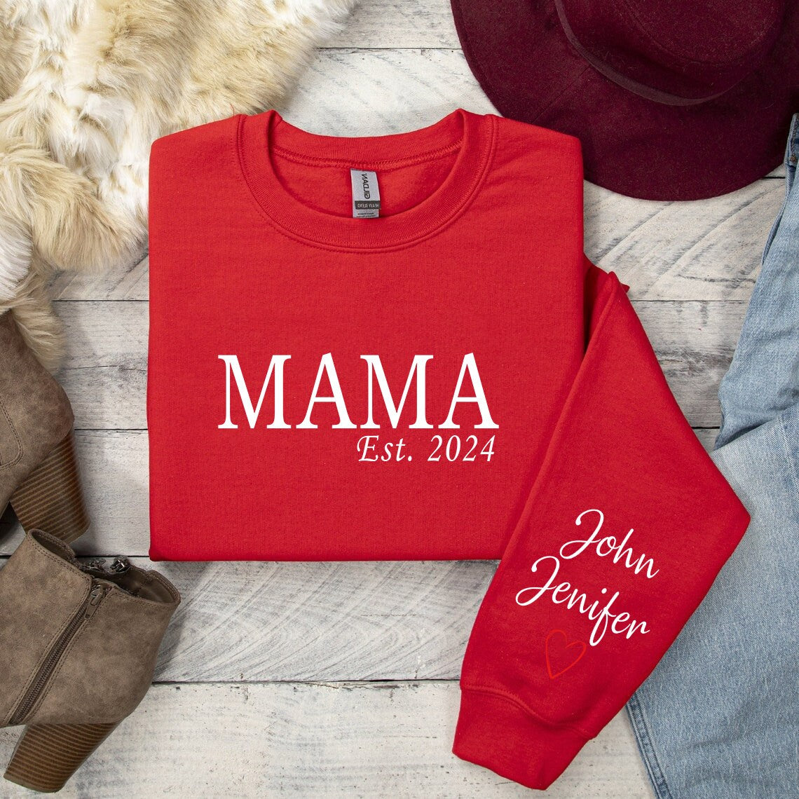 Custom Mama Shirt with Name on Sleeve, Mothers Day Jumper, Personalized mama jumper, Minimalist mammy jumper, Christmas Gift for Mama