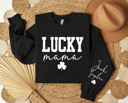 CUSTOM One Lucky Mama Shirt with Kid Names on Sleeve, St. Patrick's Day Mom Sweater, Personalized Irish Mother Gift, Pregnancy Reveal