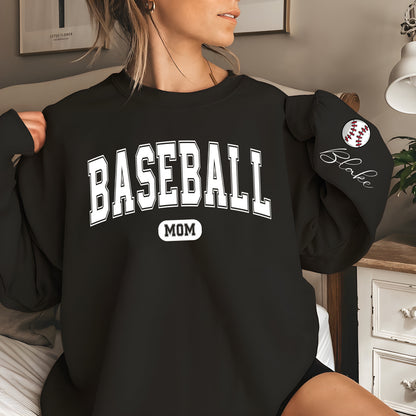 Custom Baseball Mom Crewneck with Name On A Sleeve Sweatshirt, Personalized Baseball Shirt, Gift for Mom, Baseball Mom Hoodie, Game Day