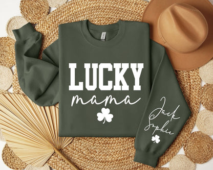CUSTOM One Lucky Mama Shirt with Kid Names on Sleeve, St. Patrick's Day Mom Sweater, Personalized Irish Mother Gift, Pregnancy Reveal