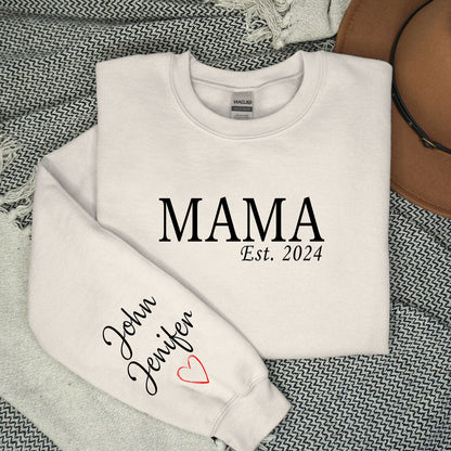 Custom Mama Shirt with Name on Sleeve, Mothers Day Jumper, Personalized mama jumper, Minimalist mammy jumper, Christmas Gift for Mama