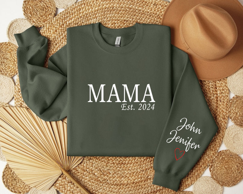 Custom Mama Shirt with Name on Sleeve, Mothers Day Jumper, Personalized mama jumper, Minimalist mammy jumper, Christmas Gift for Mama