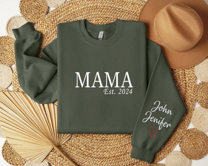 Custom Mama Shirt with Name on Sleeve, Mothers Day Jumper, Personalized mama jumper, Minimalist mammy jumper, Christmas Gift for Mama