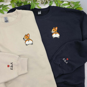 Cartoon Corgi Sweatshirt or Hoodie, Embroidered Initial Heart on Sleeve