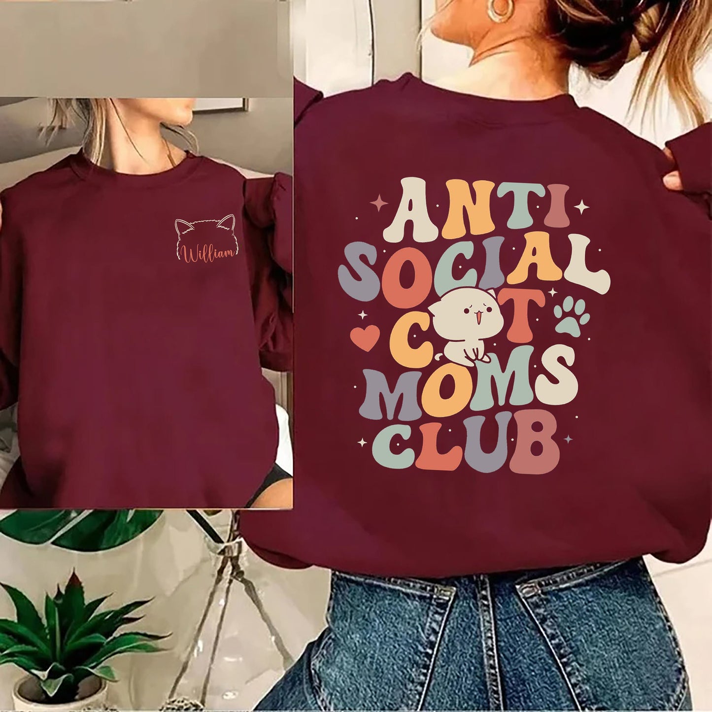 Cat Shirt Sweatshirt, Custom Cat Ears Sweatshirt, Anti Social Dog Mom Club, Cat Mom Sweatshirt, Cat Lover Sweatshirt, Cat People Sweatshirt
