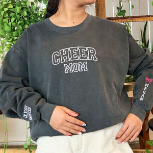 Cheer Mom Sweatshirt or Hoodie with Embroidered Kids Names on Sleeve