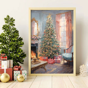 Vintage Christmas Canvas Art Pink Room, Christmas Tree Wall Print, Cottagecore Decor, Christmas Decor Living Room, Wall Art Winter, Holiday Gift