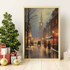 Vintage Town City Art Canvas Painting, Christmas Poster, Village Art, Christmas Decor, Winter Canvas Art, American Art, Moody Wall Art