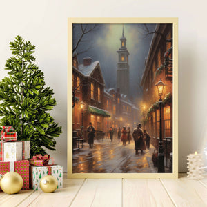 Vintage Canvas Print Christmas Town City Art, Painting Christmas Village Art, Christmas Decor, Winter Art, American Art, Moody Wall Art