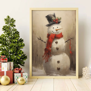 Vintage Wall Print Snowman Christmas Canvas Print, Christmas Painting Cottagecore Decor Wall Art, Christmas Decor Winter Art Seasonal Decor