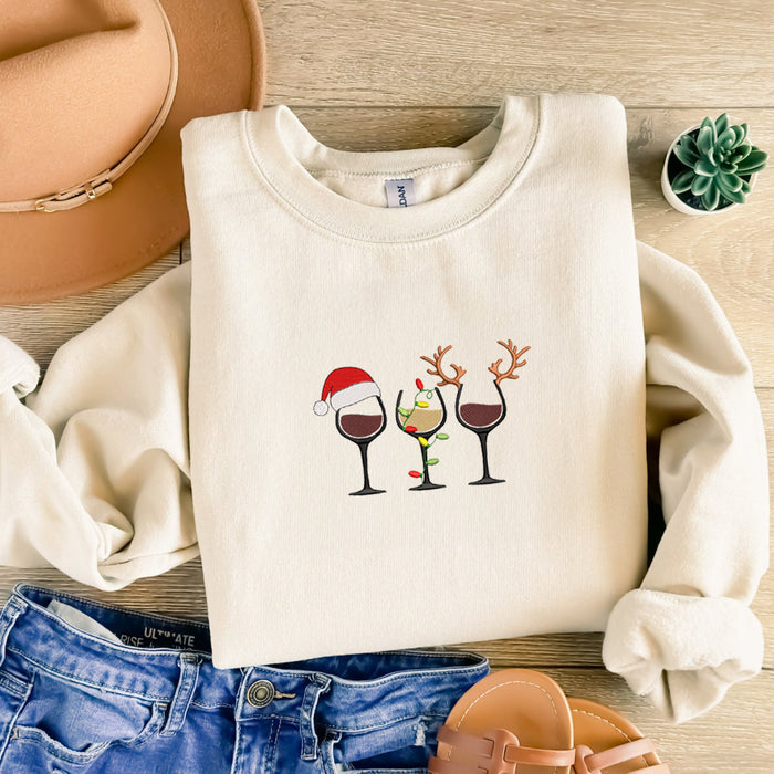 Christmas Wine Sweatshirt Embroidered, Christmas Lights Crewneck