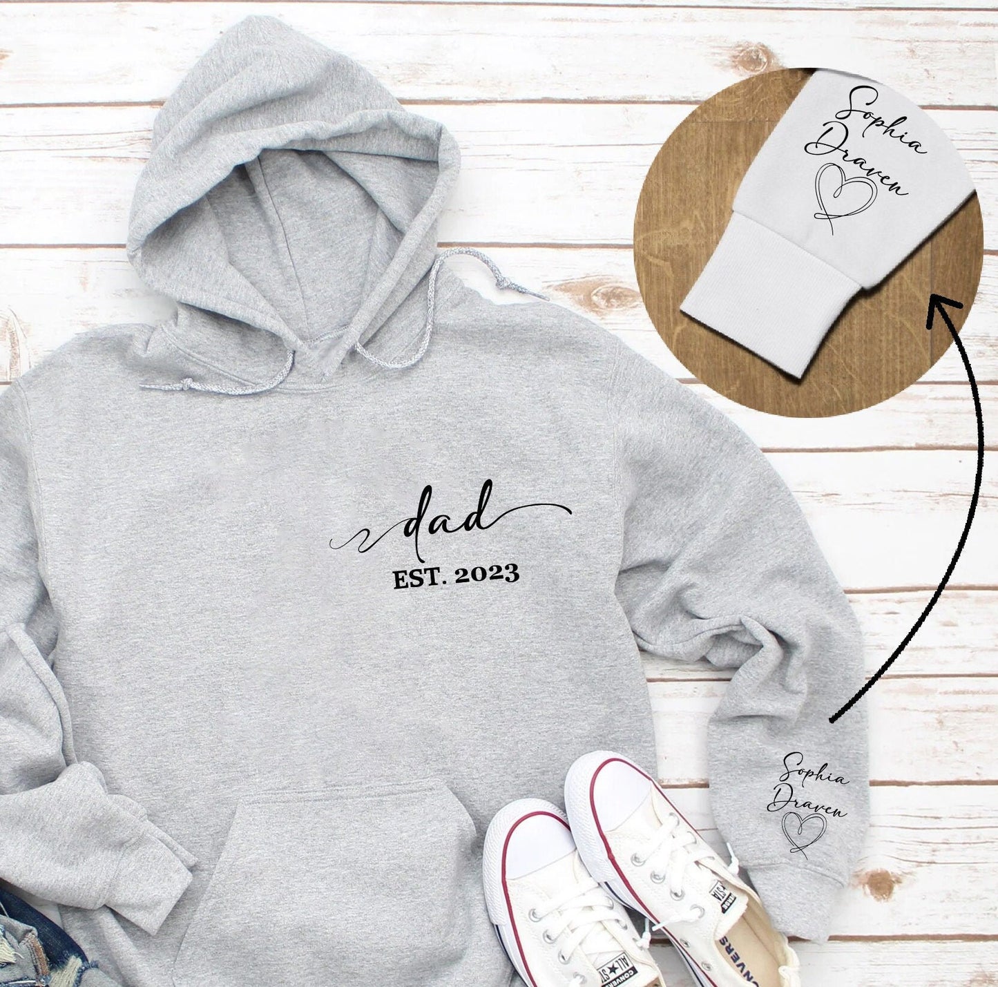 Custom Dad Est with Kids Names And Heart On Sleeve Hoodie Shirt, Dad Est Sweatshirt, Unique Gifts For Dad, Father's Day Gift