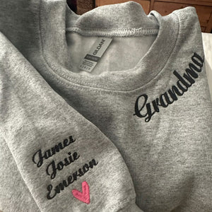 Custom Embroidered Grammy Sweatshirt with GrandKids Names on Sleeve