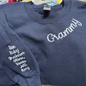 Custom Embroidered Grammy Sweatshirt with GrandKids Names on Sleeve