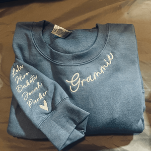 Custom Embroidered Grammy Sweatshirt with GrandKids Names on Sleeve