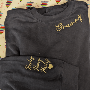 Custom Embroidered Grammy Sweatshirt with GrandKids Names on Sleeve