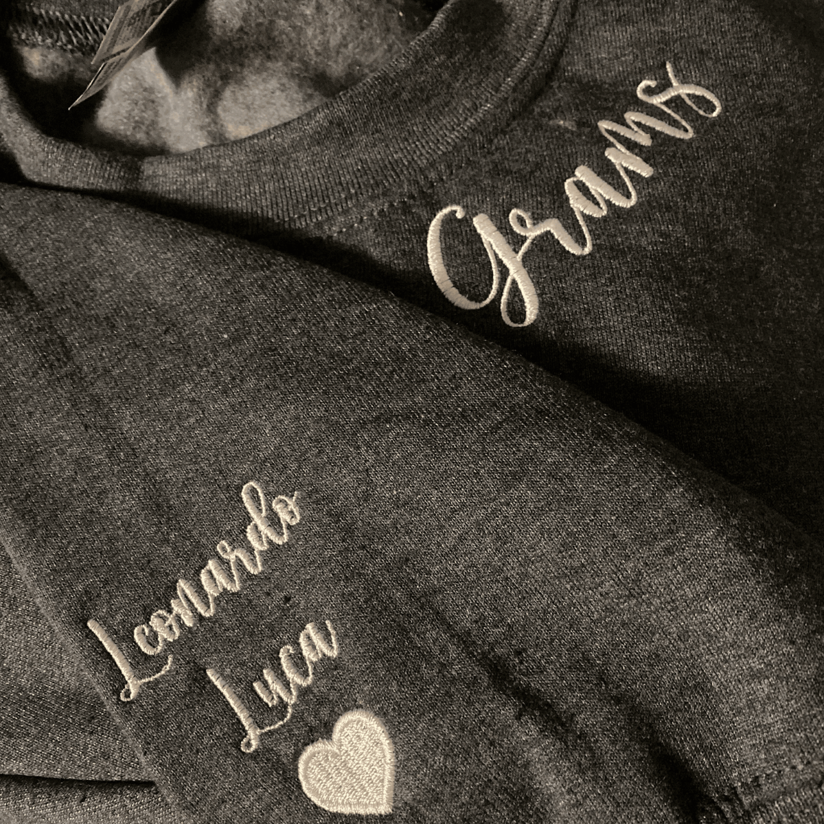 Custom Embroidered Grammy Sweatshirt with GrandKids Names on Sleeve
