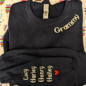 Custom Embroidered Grammy Sweatshirt with GrandKids Names on Sleeve