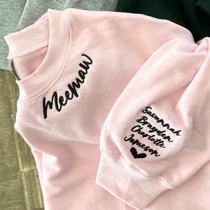 Custom Embroidered Meemaw Sweatshirt with Grandkids Names on Sleeve