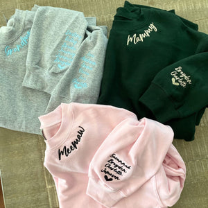 Custom Embroidered Meemaw Sweatshirt with Grandkids Names on Sleeve