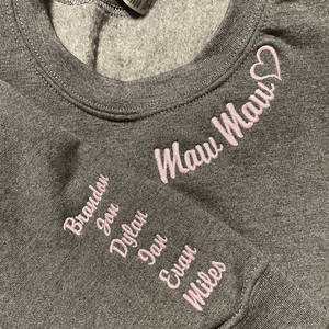 Custom Embroidered Meemaw Sweatshirt with Grandkids Names on Sleeve