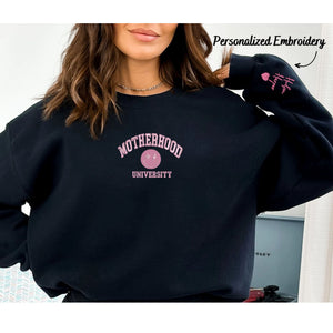 Custom Embroidered Motherhood University Sweatshirt, Personalized Crewneck With Icon