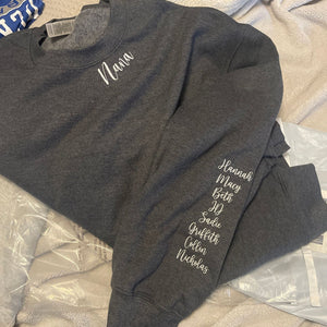 Custom Embroidered Nana Sweatshirt with GrandKids Names on Sleeve