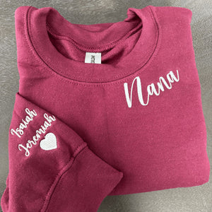 Custom Embroidered Nana Sweatshirt with GrandKids Names on Sleeve