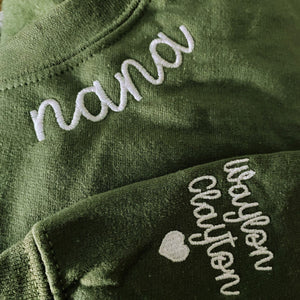 Custom Embroidered Nana Sweatshirt with GrandKids Names on Sleeve