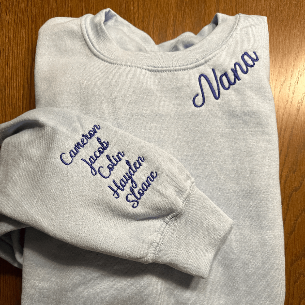 Custom Embroidered Nana Sweatshirt with GrandKids Names on Sleeve