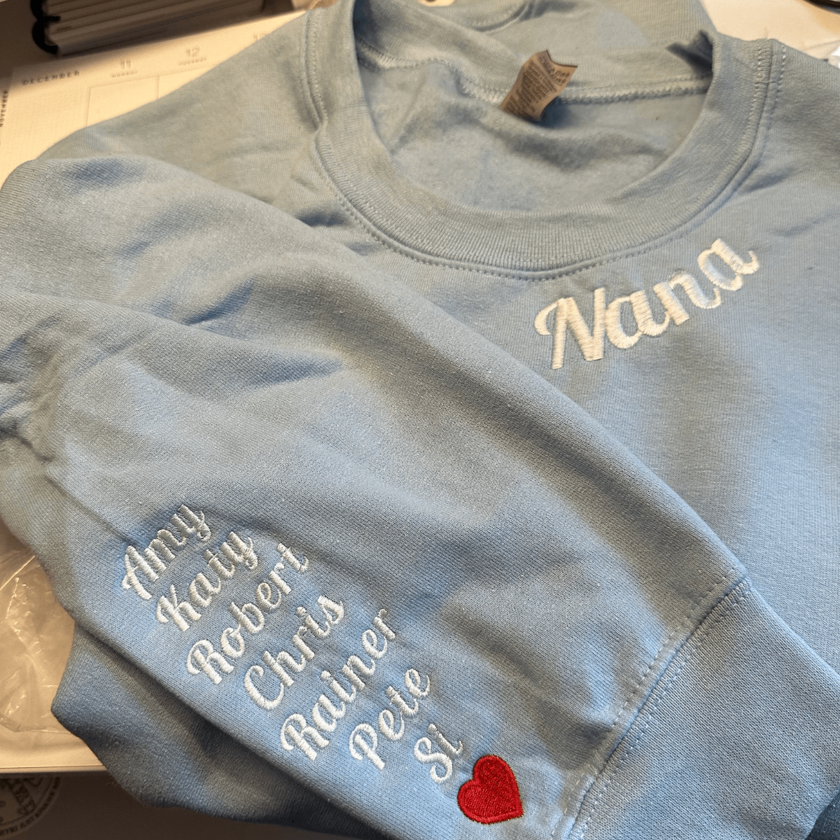 Custom Embroidered Nana Sweatshirt with GrandKids Names on Sleeve
