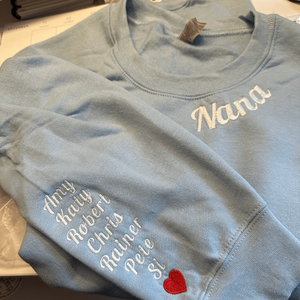 Custom Embroidered Nana Sweatshirt with GrandKids Names on Sleeve