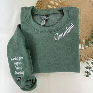 Custom Embroidered Nanny Sweatshirt with GrandKids Names on Sleeve