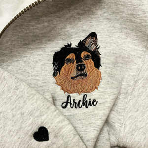 Custom Embroidered Zip Up Hoodie with Pet Photo Portrait  Quarter Zip Sweatshirt