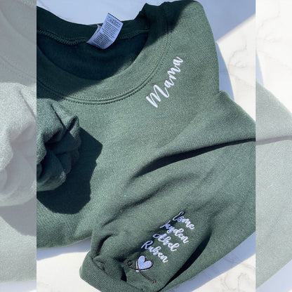 Custom Momma Mama Sweatshirt or Hoodie with Embroidered Kids Names on Sleeve