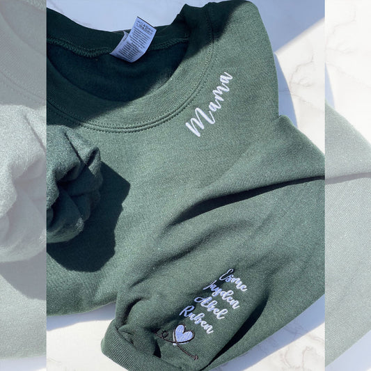 Custom Momma Mama Sweatshirt or Hoodie with Embroidered Kids Names on Sleeve