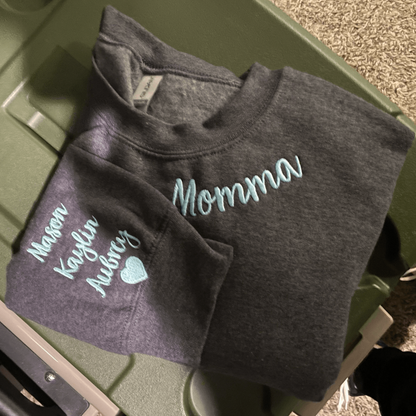 Custom Momma Mama Sweatshirt or Hoodie with Embroidered Kids Names on Sleeve