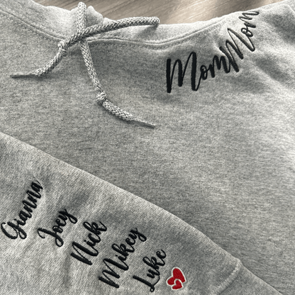 Custom Momma Mama Sweatshirt or Hoodie with Embroidered Kids Names on Sleeve
