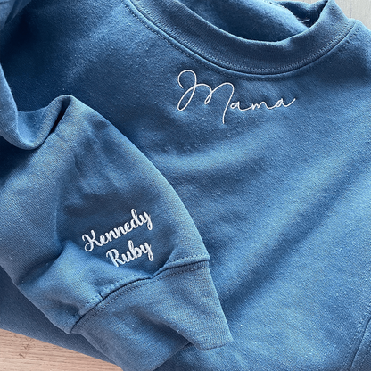 Custom Momma Mama Sweatshirt or Hoodie with Embroidered Kids Names on Sleeve