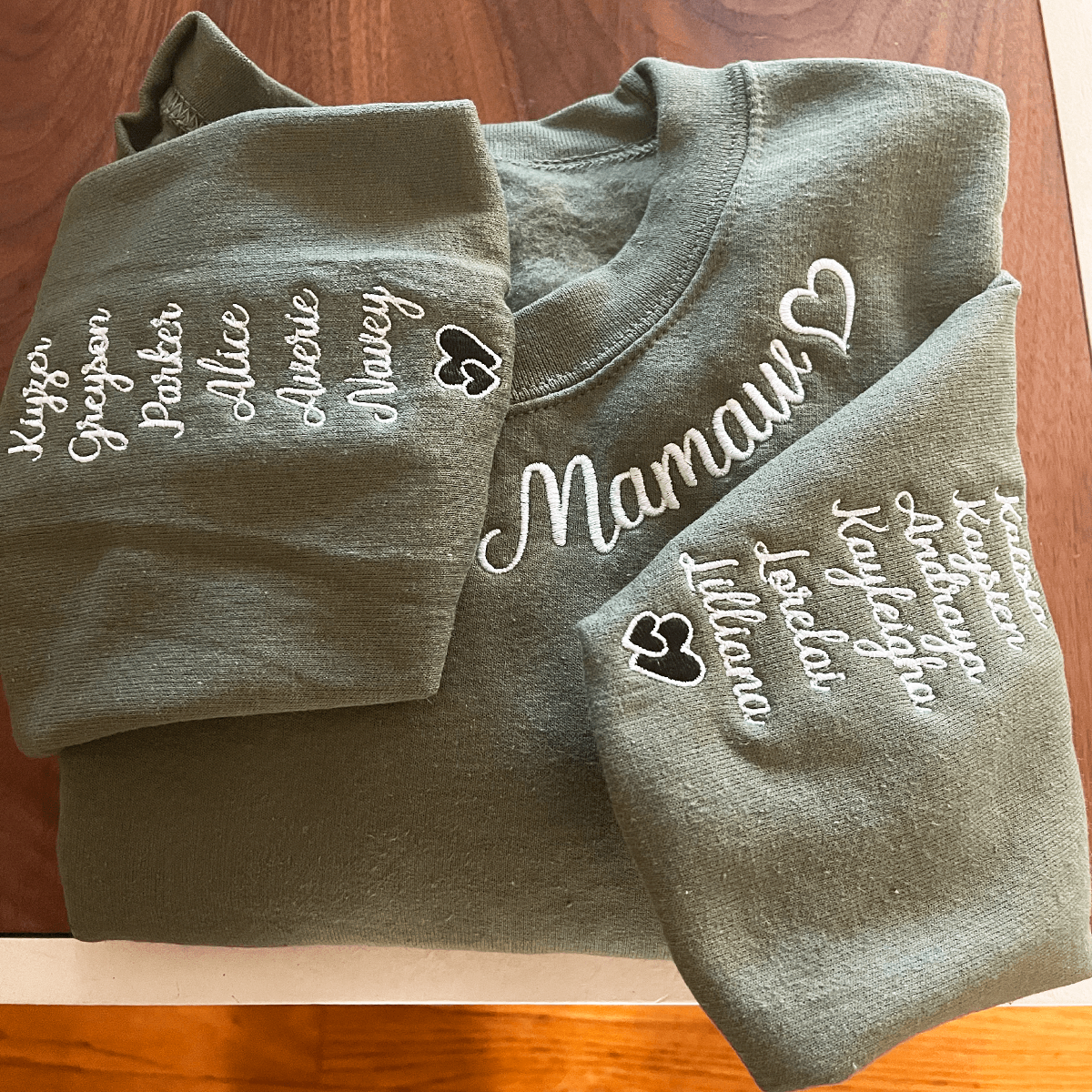 Custom Momma Mama Sweatshirt or Hoodie with Embroidered Kids Names on Sleeve