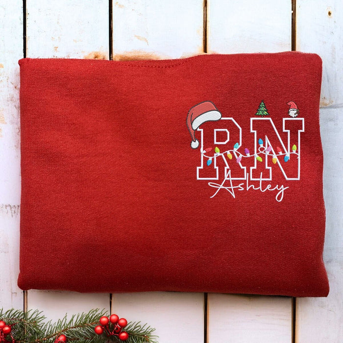 Custom RN Christmas Nurse Sweatshirt or Hoodie, Embroidered Gift for Registered Nurse