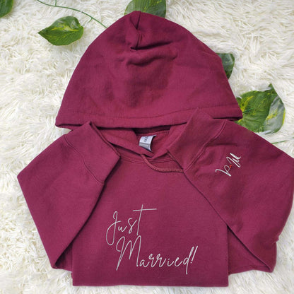 Custom Embroidered Mr and Mrs Hoodie, Personalized Just Married Hoodie With Initial On Sleeve