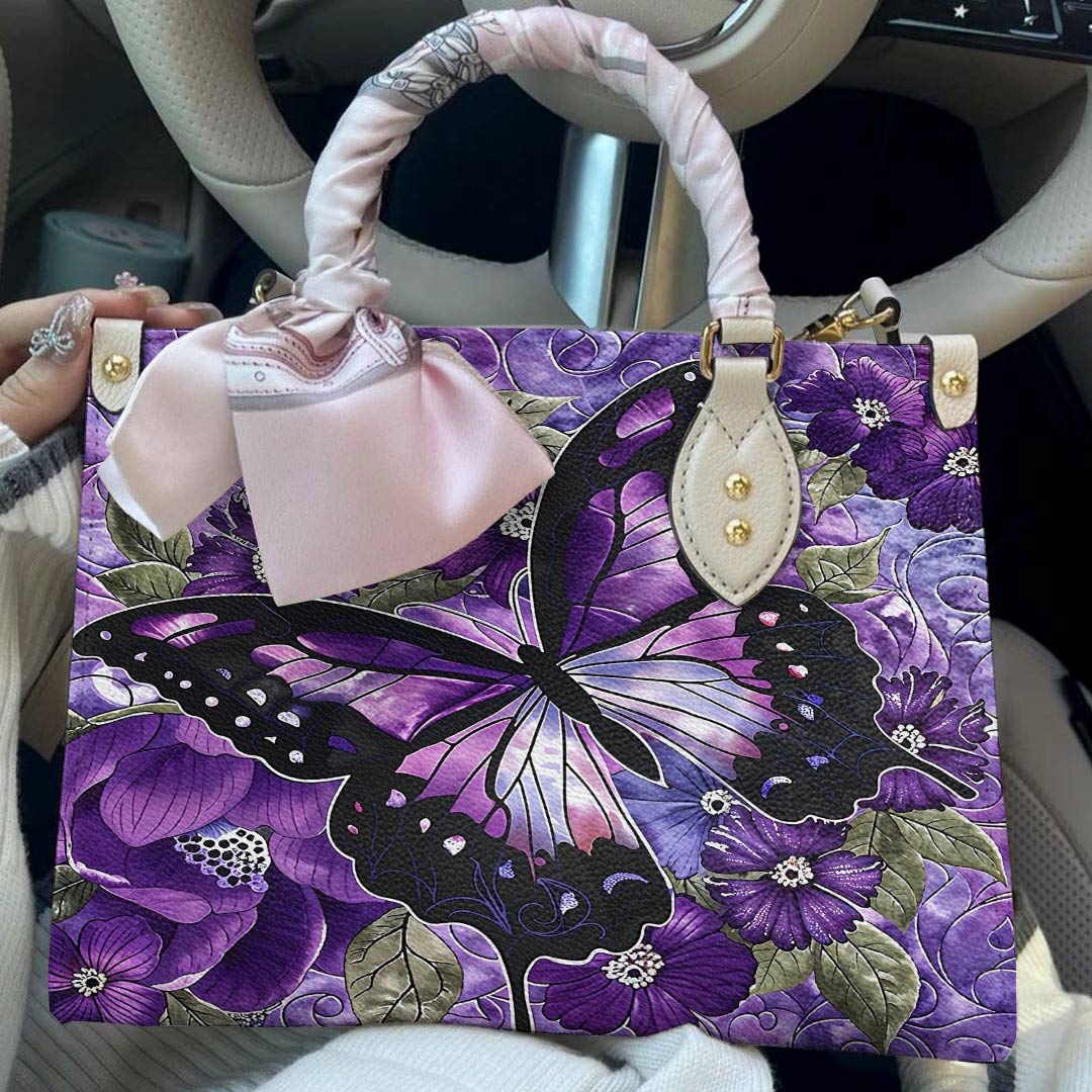 Leather Bag Gorgeous Purple Butterfly Flowers