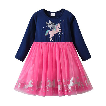 Girls Sequined Dresses Children Unicorn Print Dress Long Sleeve Birthday Party Dress Toddlers Girls Tulle Princess Dresses