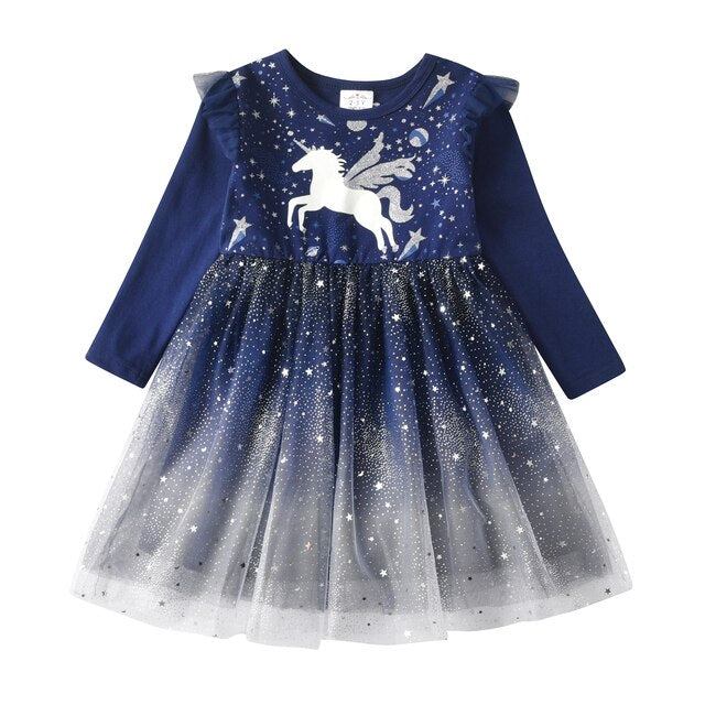 Girls Sequined Dresses Children Unicorn Print Dress Long Sleeve Birthday Party Dress Toddlers Girls Tulle Princess Dresses