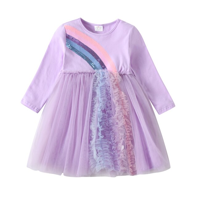 Girls Sequined Dresses Children Unicorn Print Dress Long Sleeve Birthday Party Dress Toddlers Girls Tulle Princess Dresses