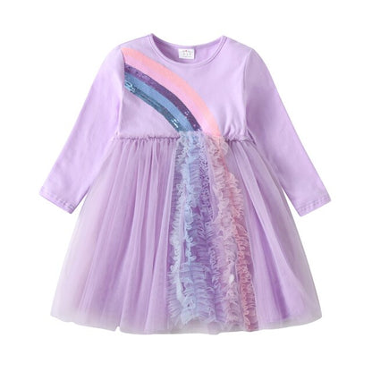 Girls Sequined Dresses Children Unicorn Print Dress Long Sleeve Birthday Party Dress Toddlers Girls Tulle Princess Dresses