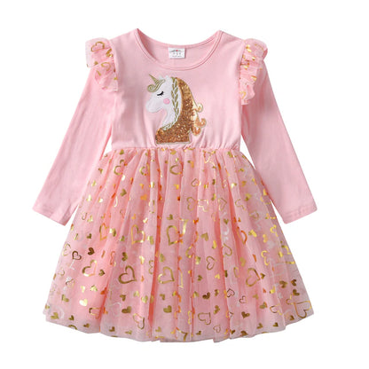 Girls Sequined Dresses Children Unicorn Print Dress Long Sleeve Birthday Party Dress Toddlers Girls Tulle Princess Dresses